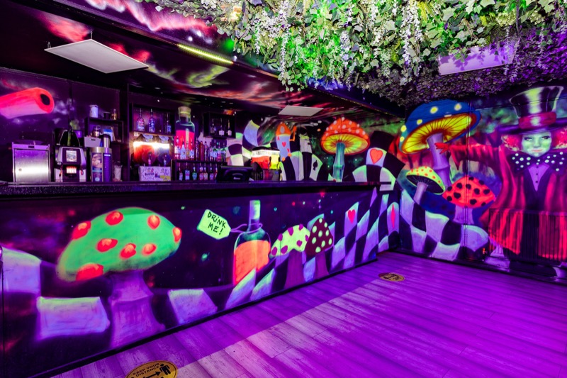 The bar under ultraviolet light, its Alice in Wonderland murals glowing, foliage across the ceiling